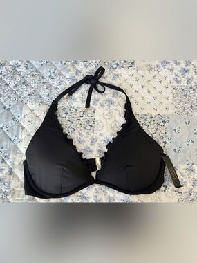 New Victoria's Secret Black Halter Bikini 38C Top with Ruffle Detail